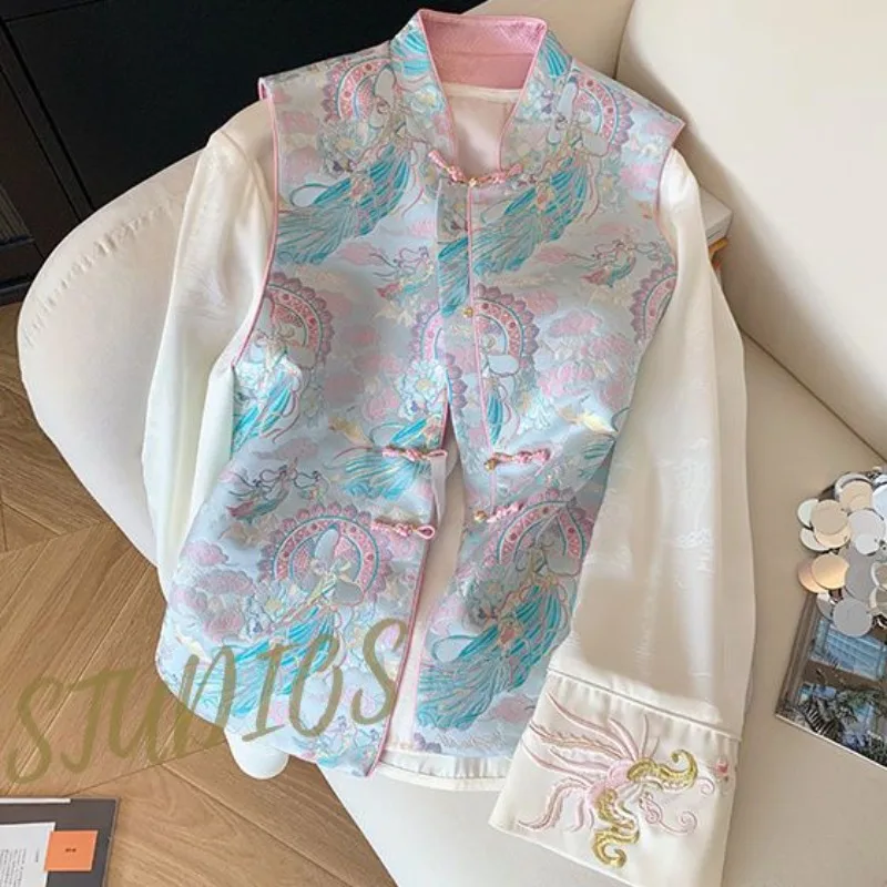 

Blouse Women Spring Autumn Chinese Style Jacquard Stand Collar Vest Trendy Luxurious Elegant Shirt Comfortable Casual Versatile