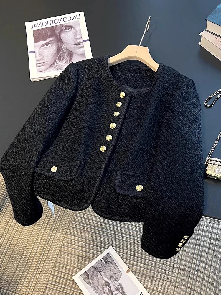 

French Light Luxury Women's Coat Thickened Fashion Solid Color Rround Neck Top All Match Single Breast Commuting Jacket