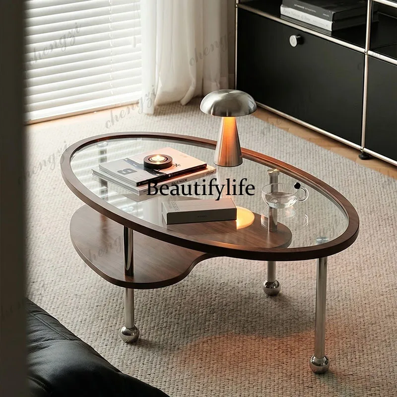 Retro Solid Wood Tempered Glass Stainless Steel Oval Coffee Table Small Apartment Living Room Creative Coffee Table