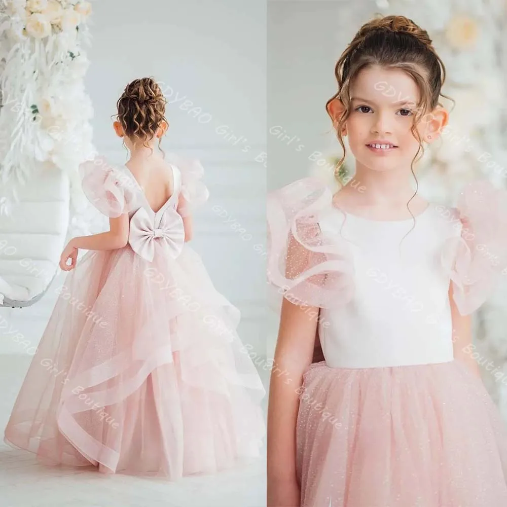 A-line/Princess Party Dress for Girls Backless Ruffled Tulle Flower Girl Dress for Wedding Customized Kids Birthday Pageant Gown