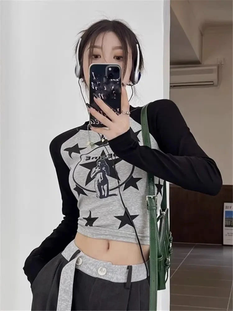 المرأة تي شيرت كم طويل ستار مطبوعة الخريف موضة سليم مثير المحاصيل القمم التباين موضة Y2k أنثى عادية تي شيرت #4