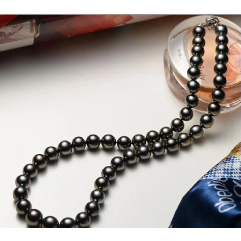 20 AAAA 10-11mm Real Natural Round Big Hiti Black Women's Pearl Necklace 14k White Clasp-