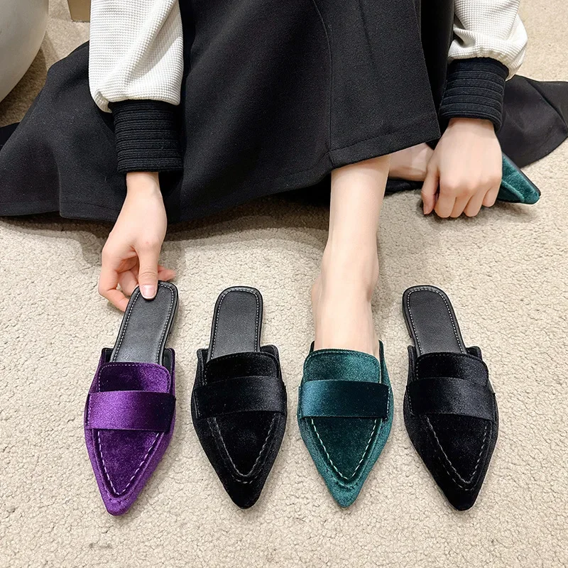 Half Slip on Shoes Women Luxury Velvet Moccasins Fashion Pointed Toe Loafers Ladies Summer Autummn Velour Ballet Flat Shoes