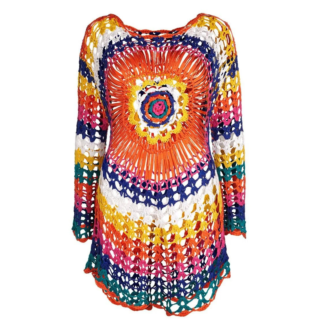 Regenboog hand gehaakte bikini cover-up voor vrouwen uitgehold strandjurk met lange mouwen Boheemse stijl zomer strandkleding