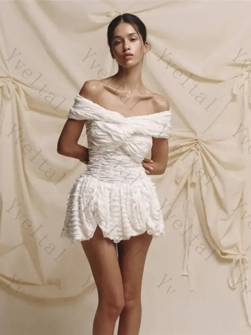 Customized  Elegant Temperament Unique Cross Slash Neck Folds Wedding Dresses Waisted Slim Strapless Charming Mini Bridal Gown