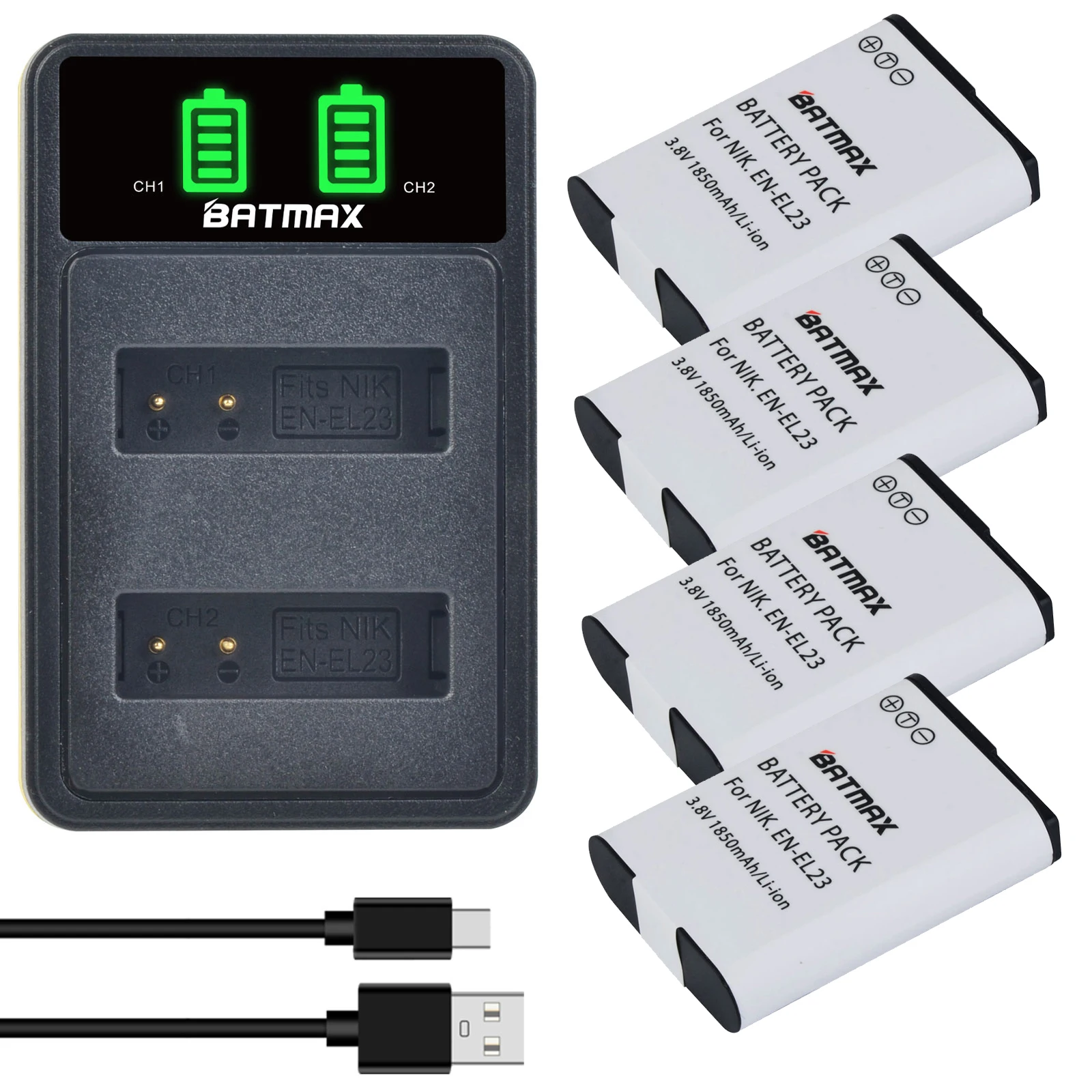 Bateria Batmax 1850mAh EN-EL23 EL23 + podwójna ładowarka LED USB z portem typu C do aparatu Nikon COOLPIX P900, P610, P600, B700, S810c