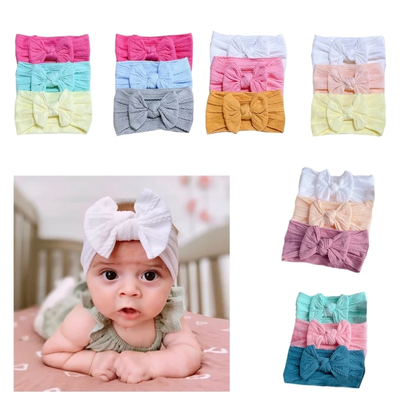 3 Pack Baby Turban Headband Baby Nylon Headbands Bowknot Headbands Stretchy Soft Wide Headbands for Babies Elastic