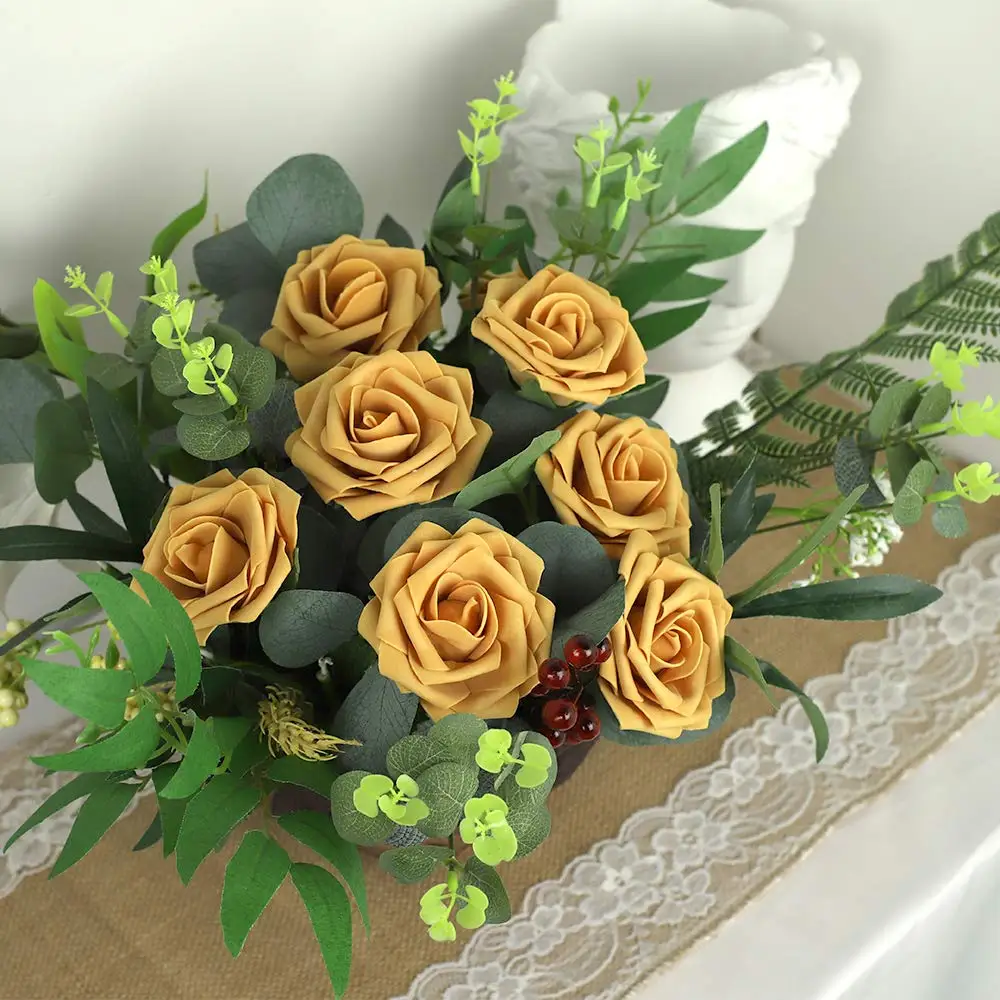 Artificial Flowers 25pcs Real Looking Golden Foam Fake Roses with Stems for DIY Wedding Bouquets Bridal Shower Centerpieces Part