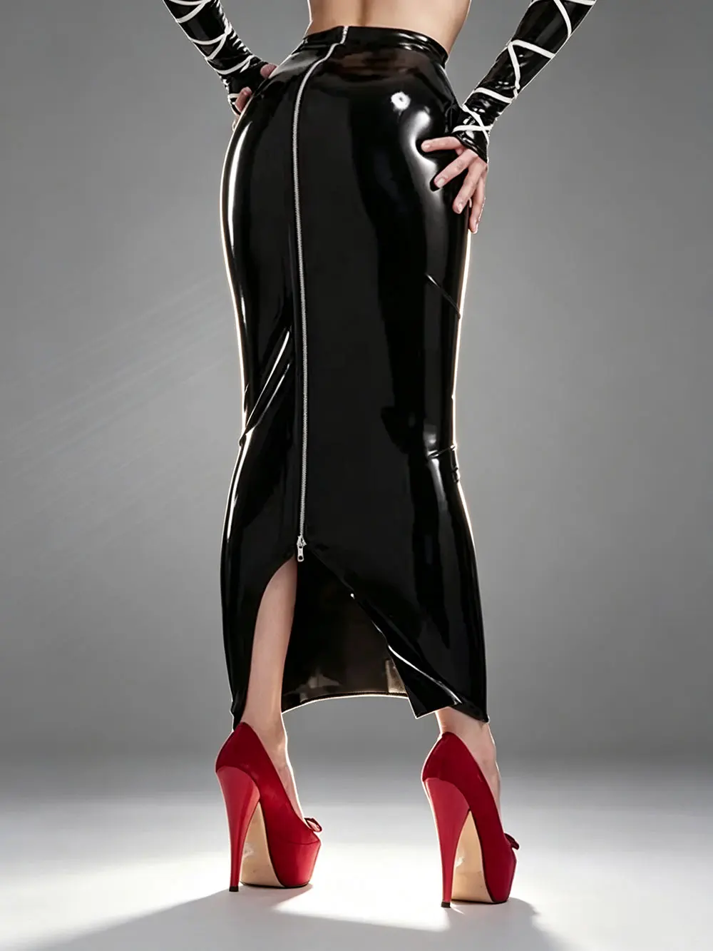 Sexy Black Latex Glossy Pencil Skirt High Waist Bodycon Long Maxi Skirt Back Zipper Side Split PVC Clubwear Lady Party Nightclub