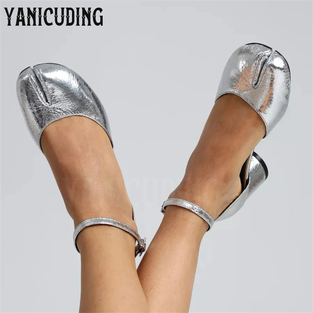 

Silver Shiny Leather Tabi High Heels Side Hollow Mary Janes Novelty Designer Style Cylindrical Heel Ankle Buckle Leather Shoes