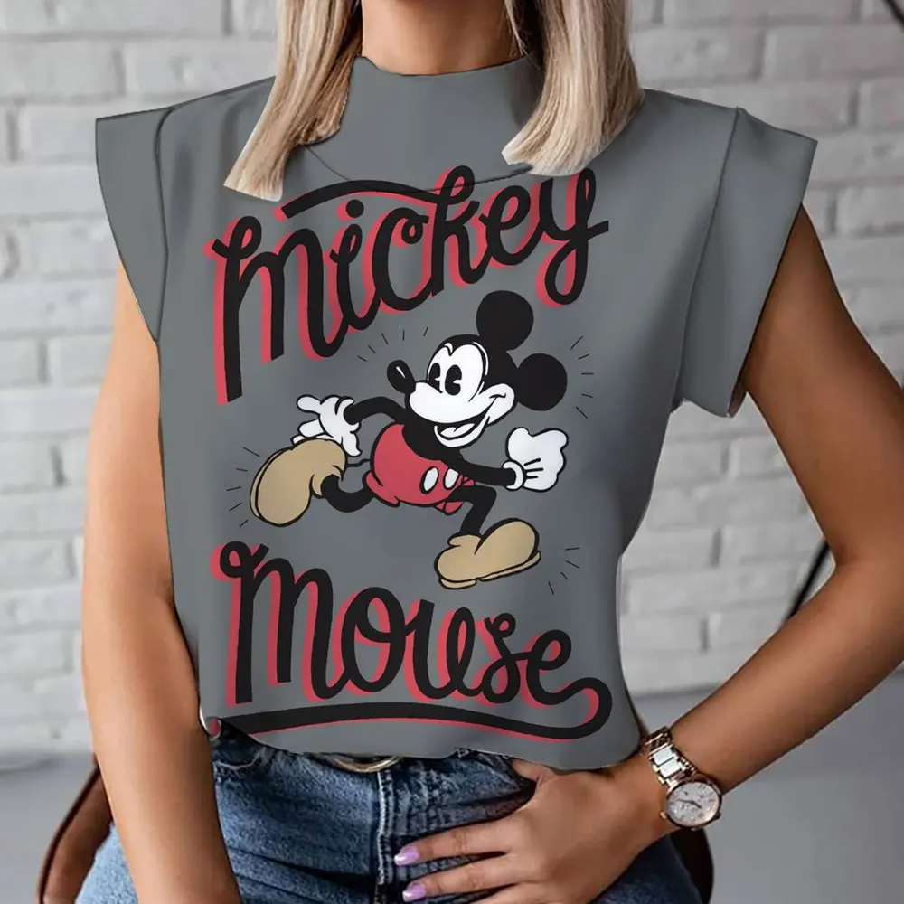 Modische und bequeme Damen T-Shirt mit hohem Kragen Mickey Minnie 3d Cartoon lässig Kurzarm 2024 neu