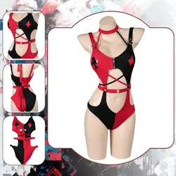 Quinzel Cosplay Sexy Lingerie Fantasia Villain Costume Disguise for Adult Women Jumpsuit Swimsuit Outfit Halloween Carnival Suit