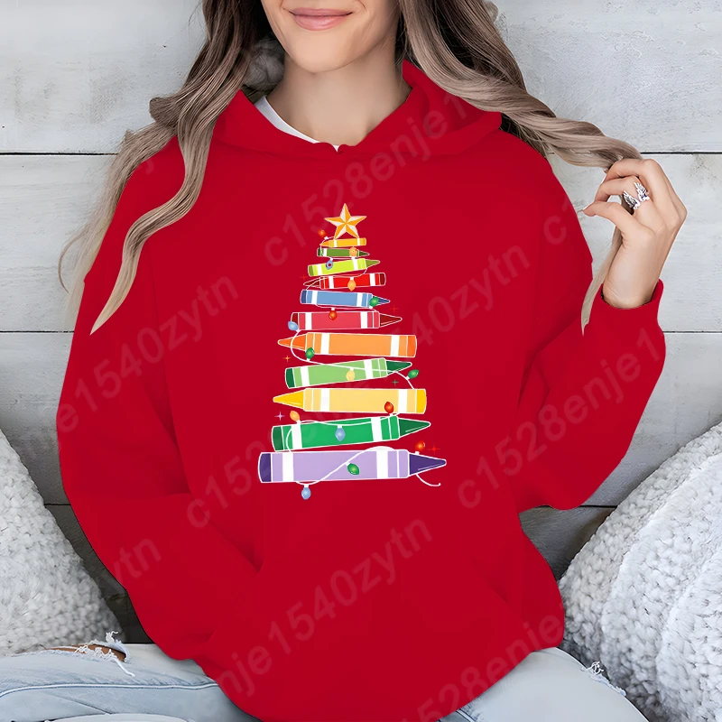 Christmas Light ครู Crayon Tree Hoodie ใหม่แฟชั่นผู้หญิงเสื้อผ้าสบายๆสีทึบฤดูหนาวฤดูใบไม้ร่วงเสื้อกันหนาว Top