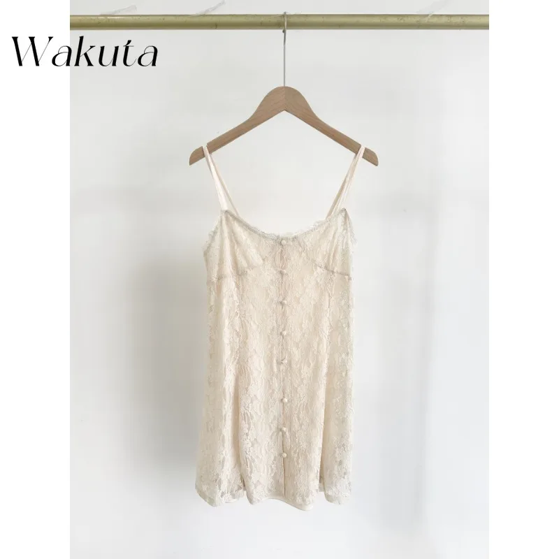 

WAKUTA Japan Retro 2000s Sweet V-neck Lace Camisole Short Skirt Temperament Cinched Waist Sleepwear Mini Dress Casual Beach Robe