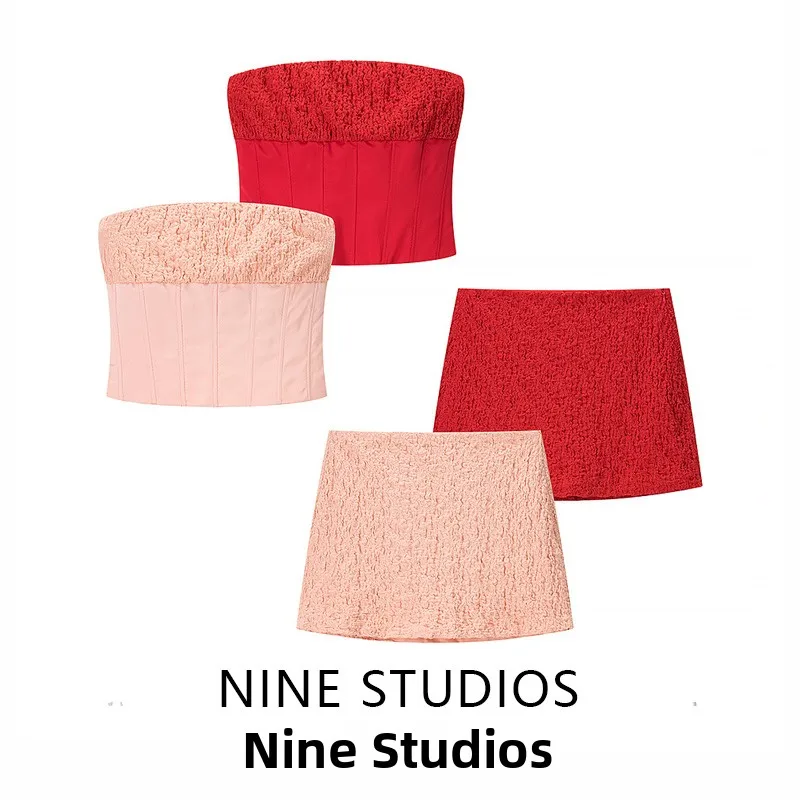 

NINE ZA Women's ort Fibone Tube Top And Skirt Set round Ne ort Sve Spring Faion Ensemble Two-Piece Suit