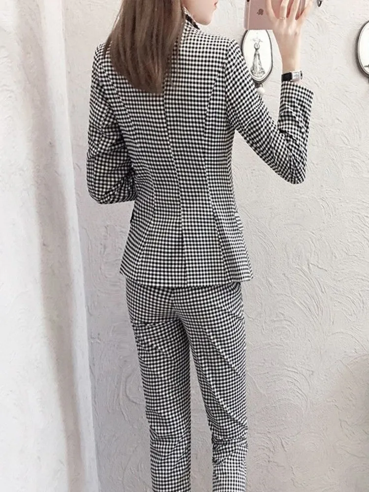 2 Piece Elegant Women Plaid Set New Fashion Vintage Office Business Casual Single Breasted Blazer Jacket Pants Feet Pants