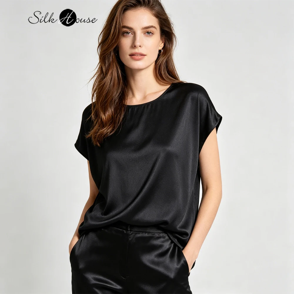 Premium Feel Heavy 93% Natural Mulberry Silk Fragrant Cloud Yarn Loose Shoulder Short Sleeved Women's Fashionable Black T-shirt