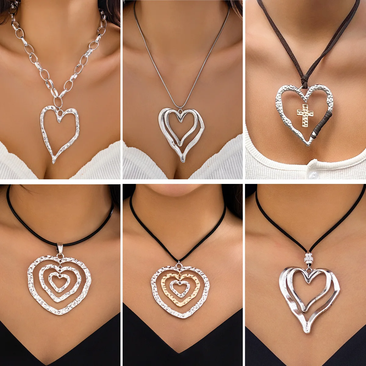 Accessories, exaggerated Spice Girl metal big love necklace, wrapped and knotted flannel wax thread peach heart necklace.