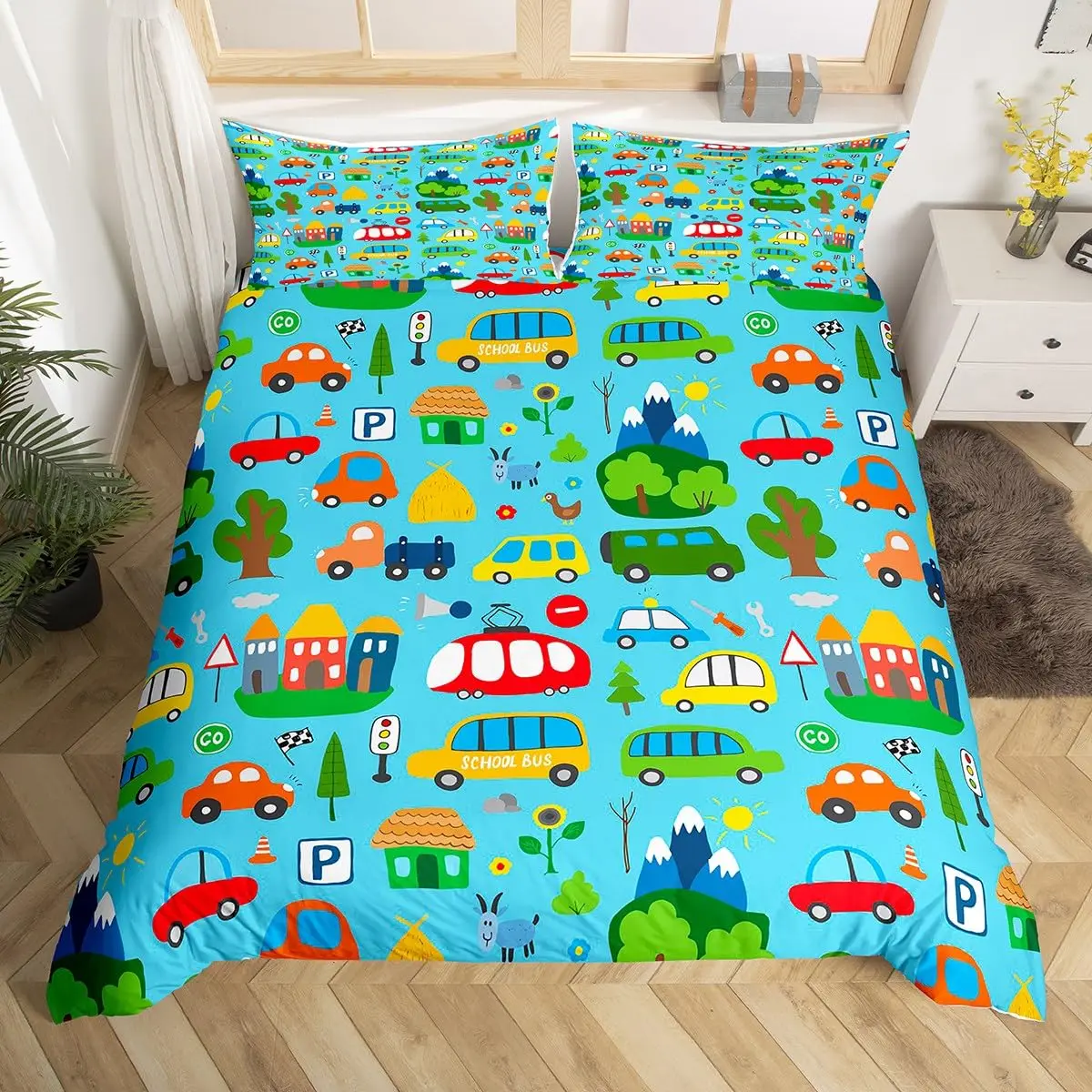 Cartoon Car Duvet Cover Set Transport Vehicle Bedding Set for Boys Girls Bedroom Decor Single Double Queen King Comforter Cover