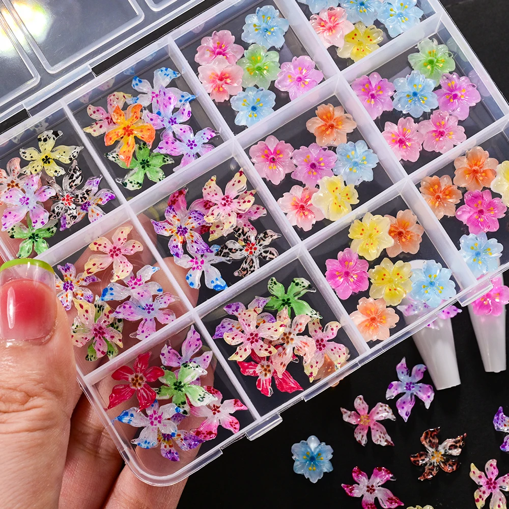 12Grids 3D Gradient Lily Cherry Blossom Nail Charms Multicolor Hawaiian Flower Sakura Nail Decorations DIY Manicure Accessories