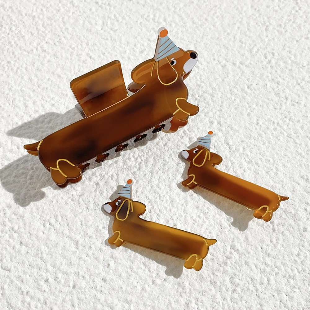 AENSOA Scarf Birthday Hat Decoration Cartoon Dachshund Claw Clip For Women Brown Color Series Acrylic Original Design Hairpin