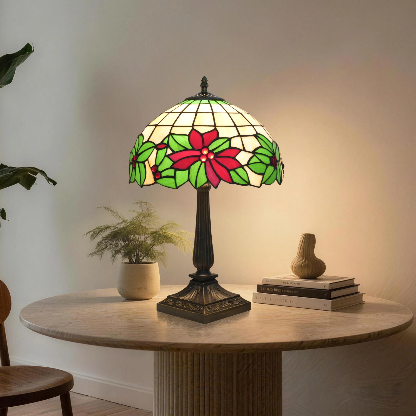 Christmas Decorations Indoor Xmas Flowers Bedside Table Lamp Retro Stained Glass LED Desk Light Nightstand Lampfor Gifts Home