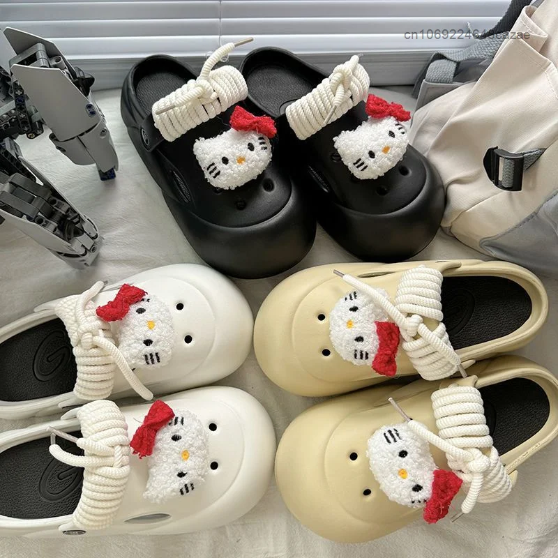 Sanrio Hello Kitty Cute Thick Sole Hole Shoes Women\'s Summer Outwear Versatile Soft Slippers Y2k Female Korean Luxury Sandals