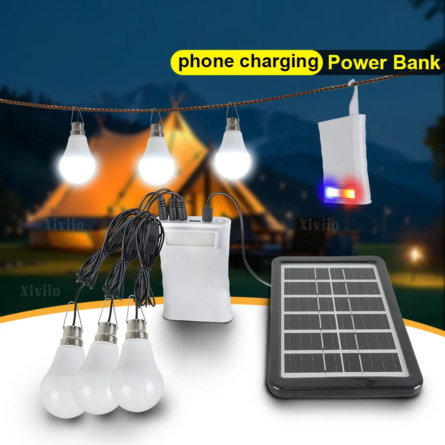 لمبة قلادة للتخييم في الهواء الطلق LED بالطاقة الشمسية مع لمبة تزيين للتخييم بالطاقة الشمسية من البولي سيليكون مع بنك الطاقة IPX6 مقاومة للماء