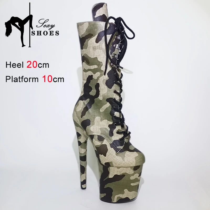 

20CM Platform Camouflage Ankle Boots For Women Lace-up Pole Dance Shoes High Heels British Style Riding Equestrian Women Boots