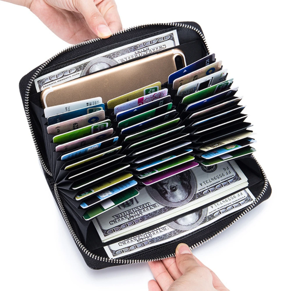 Multifunctional Genuine Leather Long Wallet Passport Bag Rfid Card Pack Large Capacity Business Card Bag for Men and Women