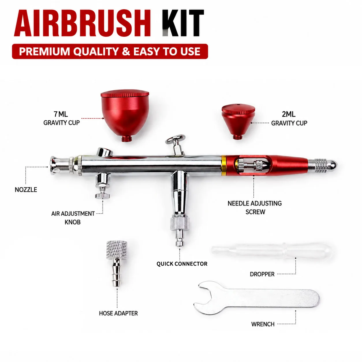 Dual Action Airbrush 2/7ml Fluid Cups Quick Remove Air Cap Nozzle Gravity Feed with Accessories
