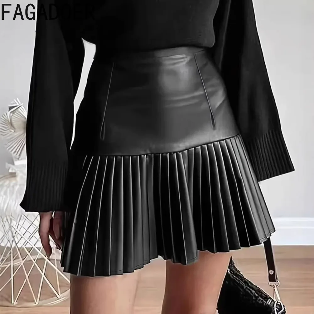 Jupe plissée moulante en cuir patchwork FAGADOER, jupe trapèze taille haute unie pour femme, bas de vêtements streetwear