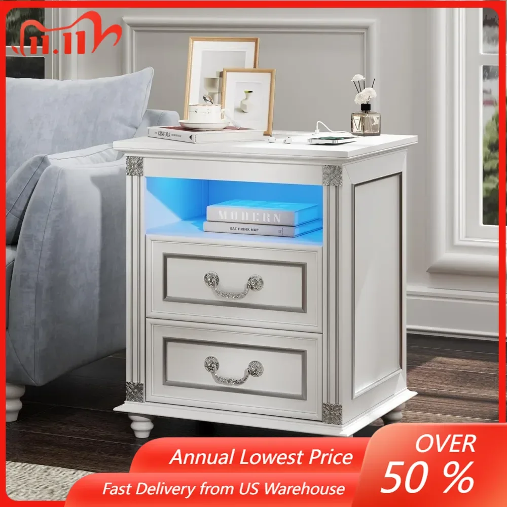 

Night Stand with Power Outlets and USB Ports, Side Table with 3 Color LED Lights, 2 Drawers Storage and 4 Wood Feet.