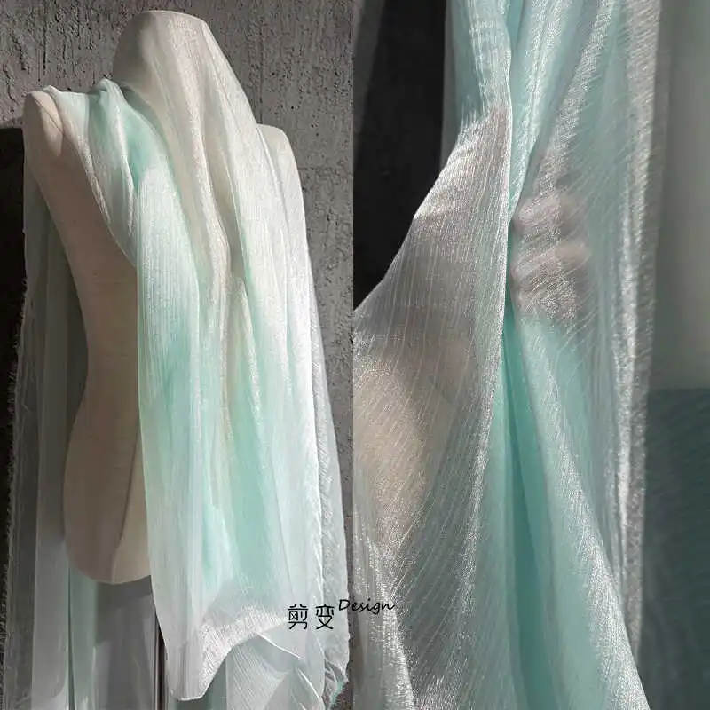 

Antique Clear Water Blue Water Ripple Bright Pleated Gauze Striped Skirt Mesh Yarn Han Clothing Designer Fabric