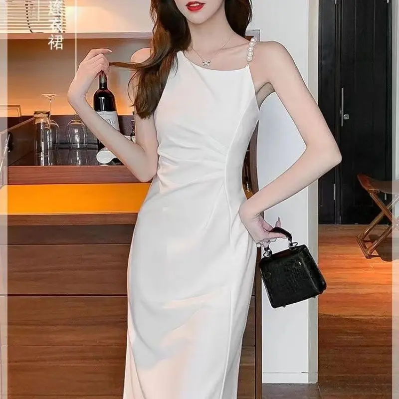 Women Summer Graceful Pearl Strap Diagonal Collar Midi Dress Korean Lady Sexy Slim Sleeveless Red Dresses 2024 Dinner Party Gown