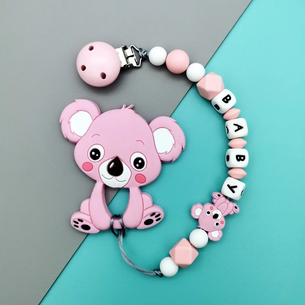 Custom English Silicone Letter Name Baby Silicone Koala Pacifier Clips Chains Teether Pendant Baby Pacifier Kawaii Teether Gifts