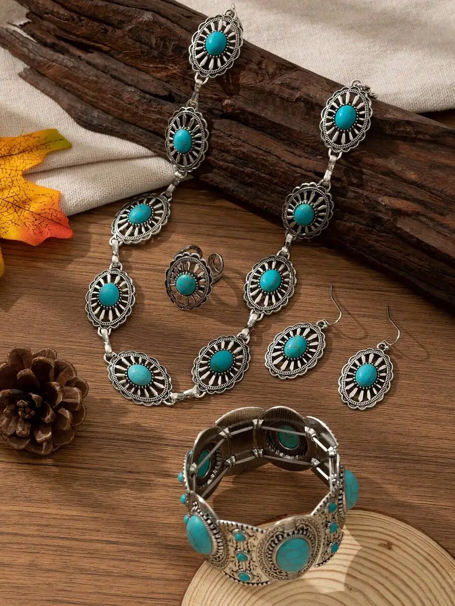 

Bohemian Style Turquoise Stone Jewelry Set For Women Zinc Alloy Necklace Earrings Ring Bracelet