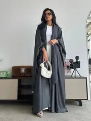 Gray Shiny Satin Open Kimono Abaya Dubai Luxury 2024 Muslim Abayas For Women Kaftan Dress Islam Clothing Robe Femme Musulmane