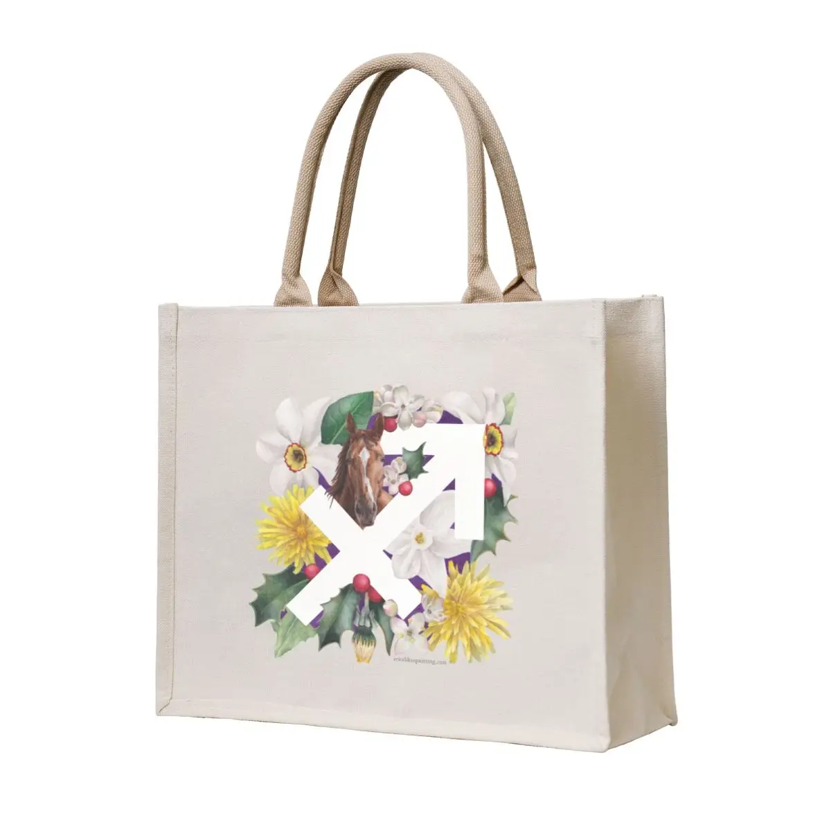 

Sagittarius Watercolor Horse with Birth Flowers Narcissus Holly Dandelion Tote Bag Beach bag Portable shopping bag eco pack