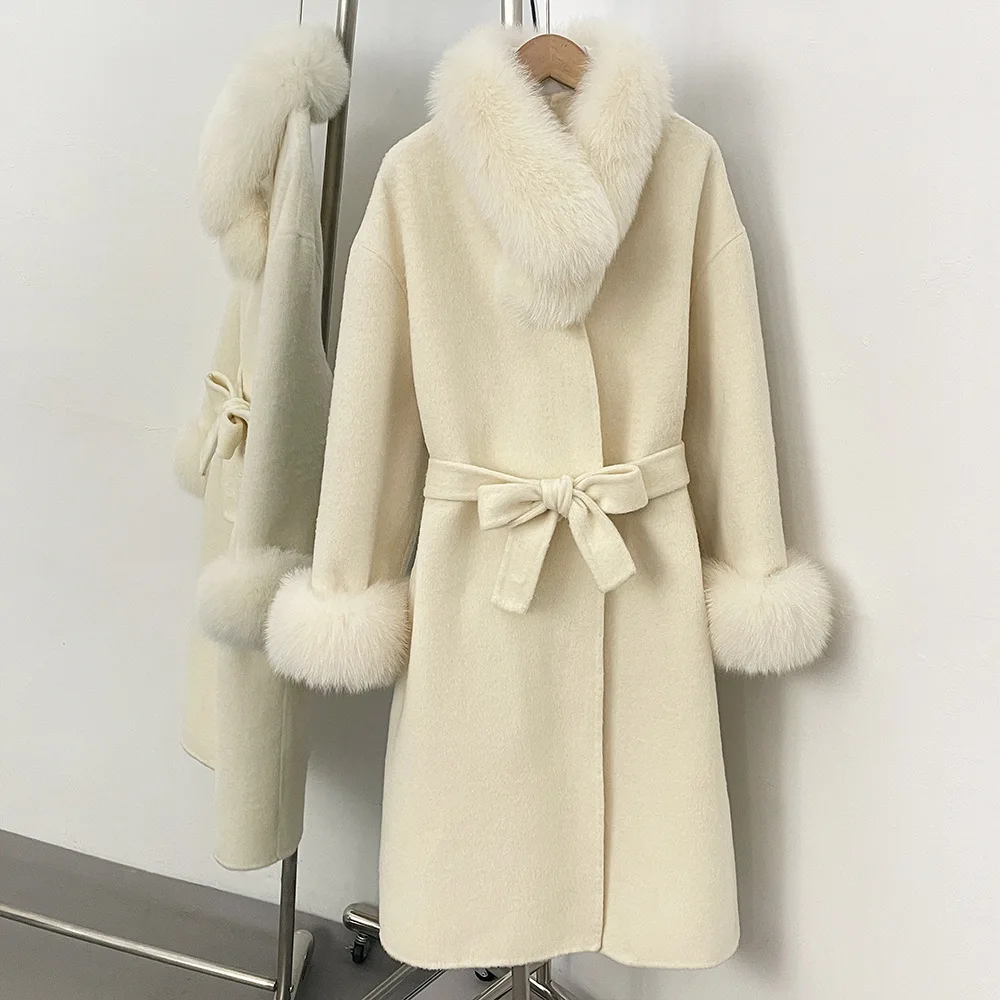 معطف صوفي متوسط الطول للنساء من الصوف لعام 100% قابل للفصل وياقة من فرو الثعلب الحقيقي للسيدات برباط على الوجهين ملابس خارجية من الصوف #5