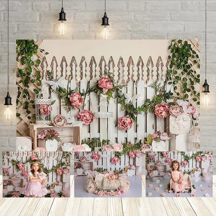 Spring Princess 1st Birthday Backdrops Cake Smash Girl Pink Floral Watermelon Newborn Baby Portrait Photography Background Decor