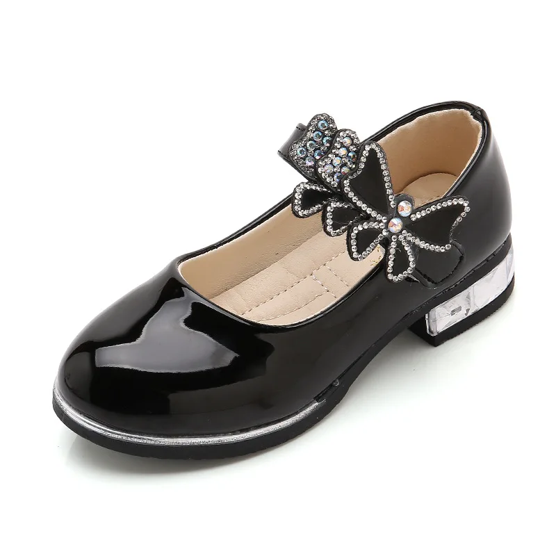 Children's Princess Shoes Bow Low Heel Girl Black Bright Face Breathable Non Slip Leather Shoes Party Campus Wedding