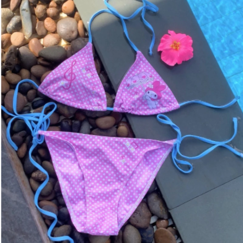 

2pcs Sexy Cartoon Bikinis Women's Swimwear Sanrio My Melody Female Swimsuit SuitsGirls Bikini Set Beach Wear Bather Pink DotsY2K