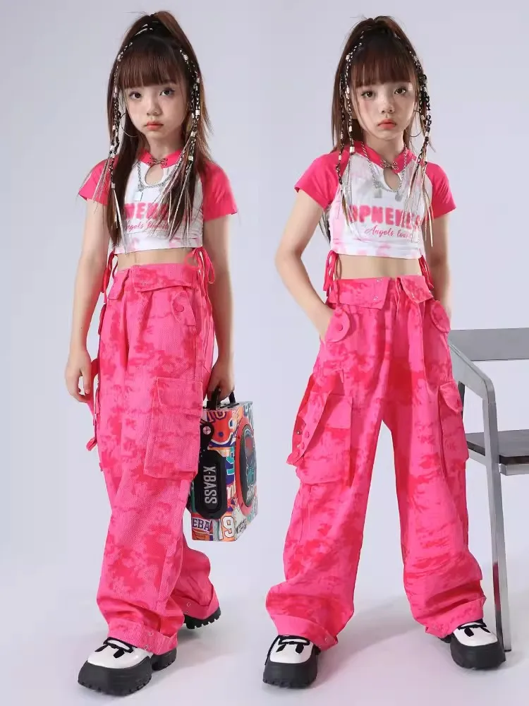 2023 Girls Jazz Dance Costume Short Sleeves Crop Tops Pants Pink Suit Modern Hip Hop Performance Clothes Stage Outfits BL10934