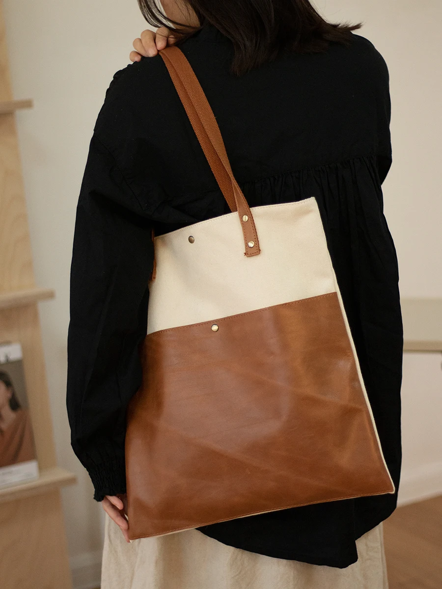 

Vintage Original Fashion Patchwork Contrasting Canvas Women Bag Large Capacity Simple And Casual Versatile French Shoulder Bags