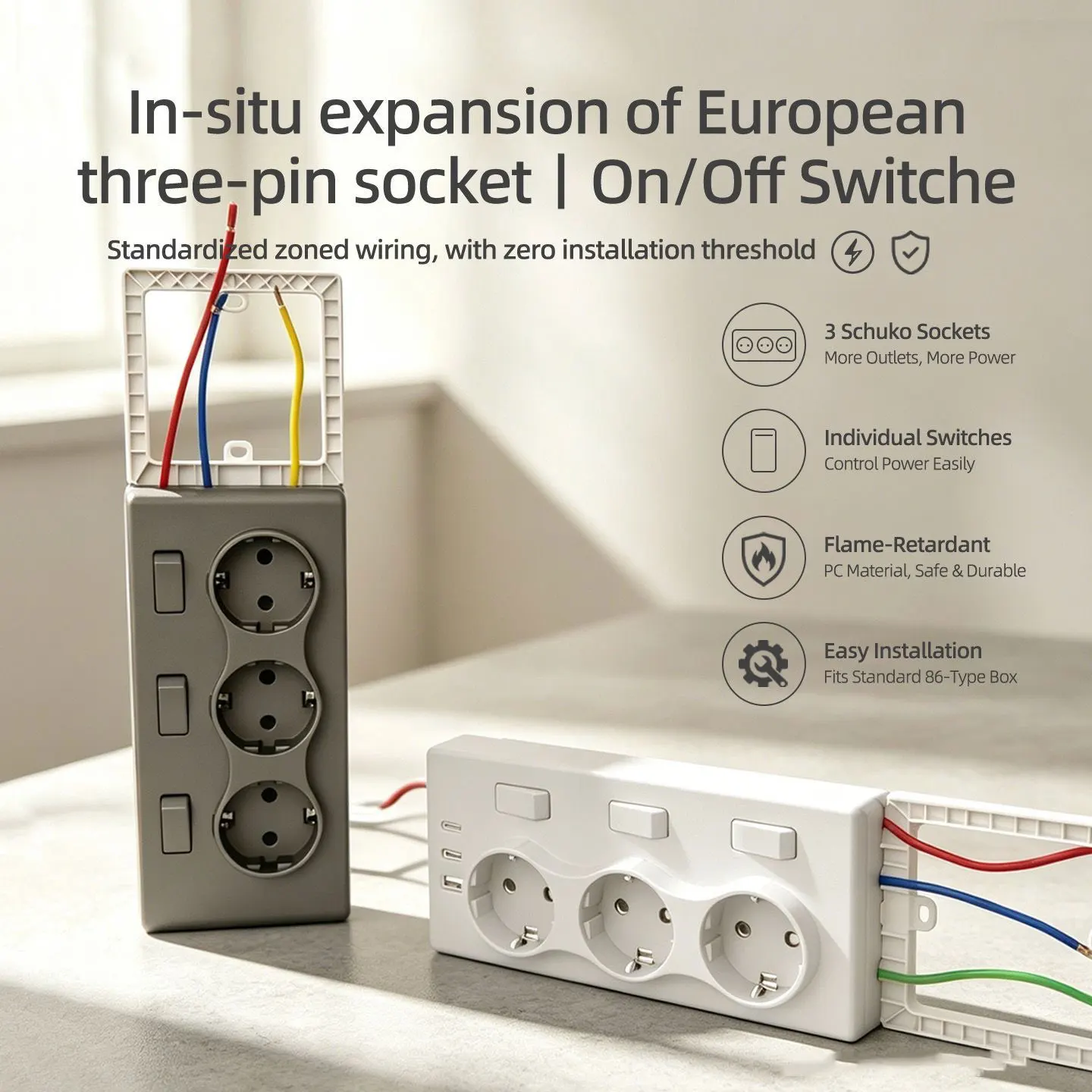Multi-Function European Standard Extension Socket with USB Type-C Fast Charging Converter Home Use Electrical Adapter Board