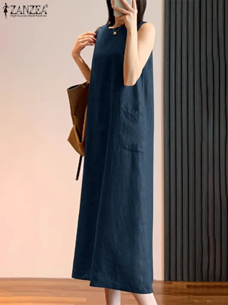 

ZANZEA 2024 Korean Style Sleeveless Tank Midi Dress Women Summer Holiday Cotton Sundress Long O-neck Vestidos Casual Loose Robes