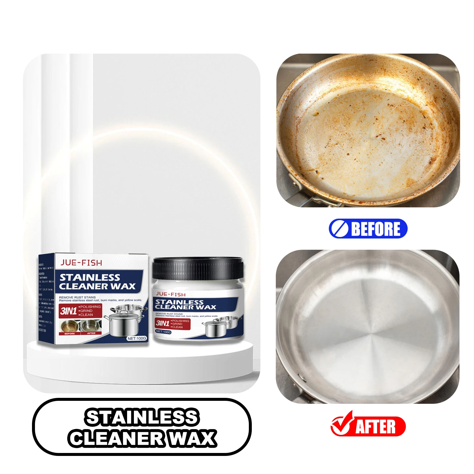 

JUE-FISH Metal Polishing Kit 100g Metal Polish Rust Remover Cream Knife Machine Polishing Wax Clean Yellowing Stains Burn Marks