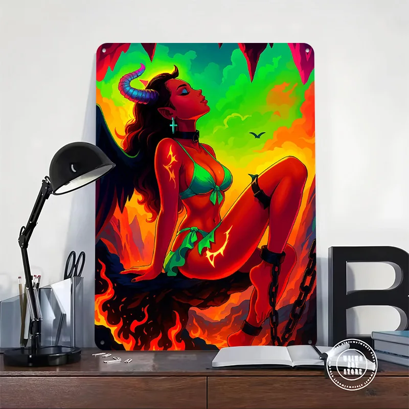 Red-skinned Demon Woman in Hell Personalized 3D Textured Metal Poster Wall Art Tinplate Sign for Decoration Room Ornaments Decor