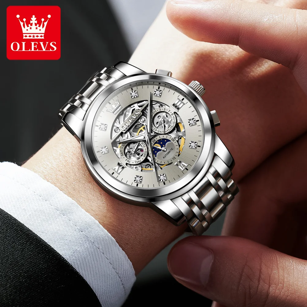 OLEVS 6721 Luxury Hollow Men Watch Brand Original Moon Phase Waterproof Watch Fashion Grey Men Fully Automatic Mechanical Watch